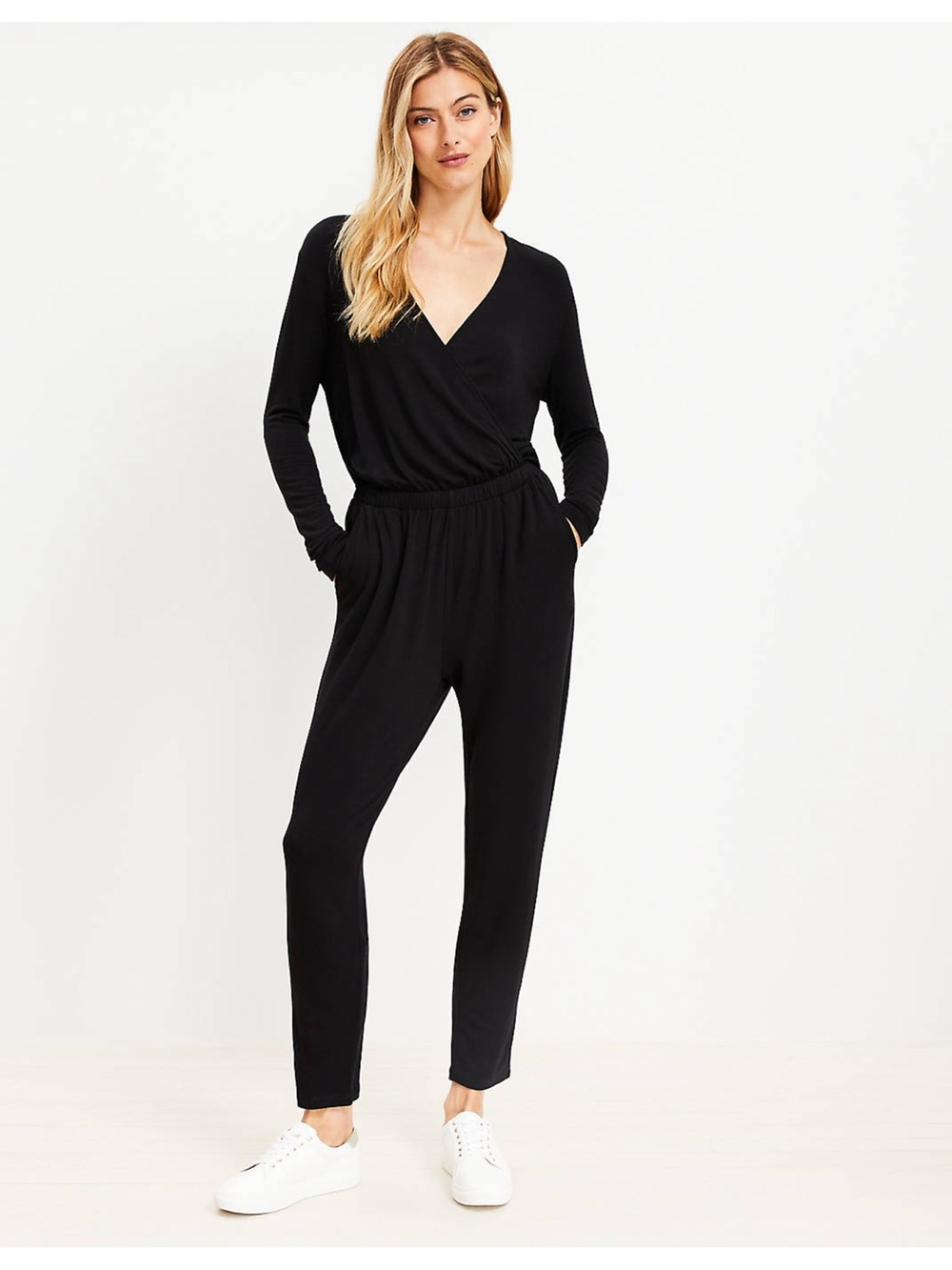 LOFT Outlet Black Softblend Crossover Long Sleeve Jumpsuit XS EUC Minimalist